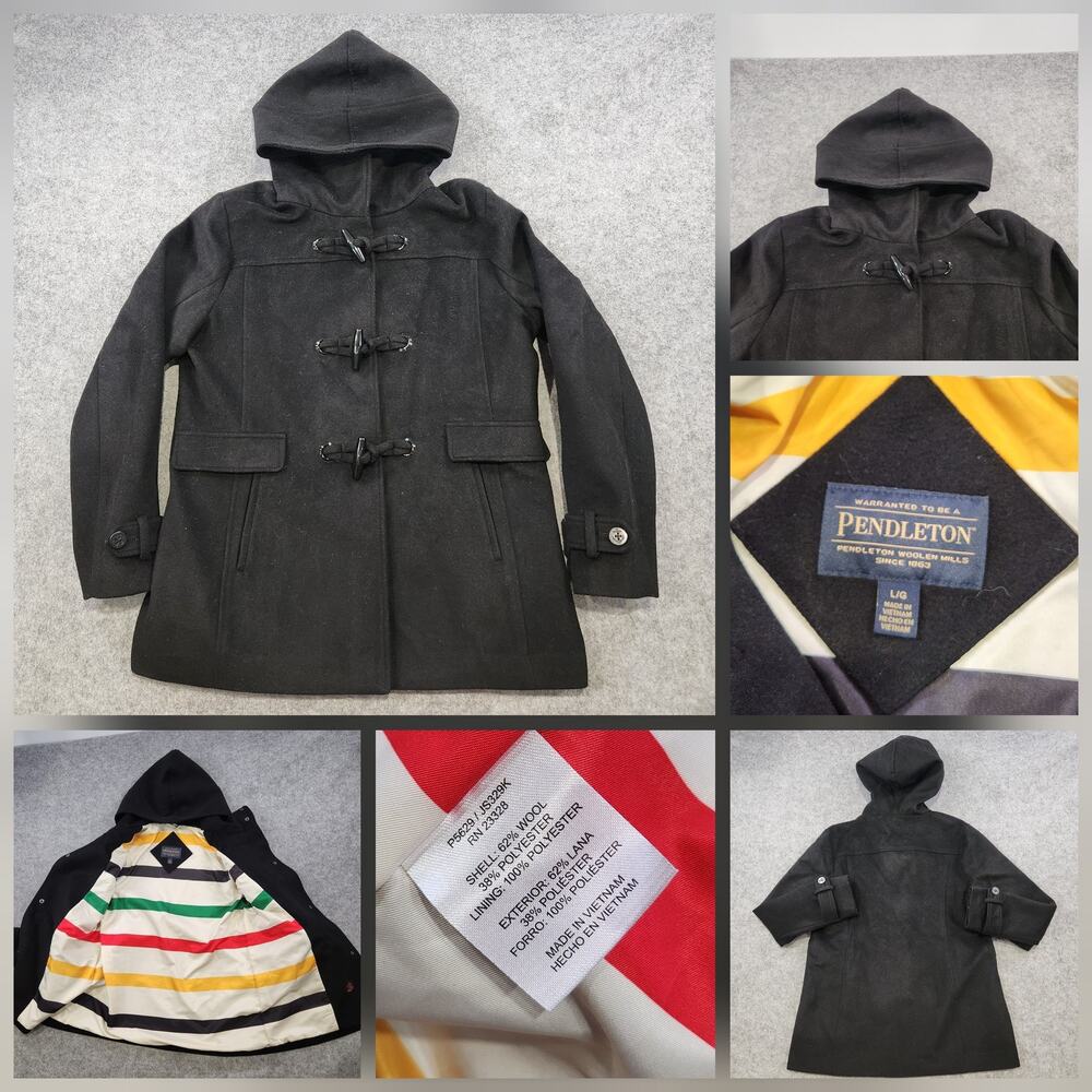 Pendleton Jacket Womens L Large Black‎ Wool Hudson Bay Hooded Toggle Duffle Coat